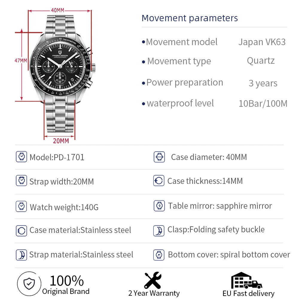 PAGANI Luxury Sapphire Mirror Wrist Watch